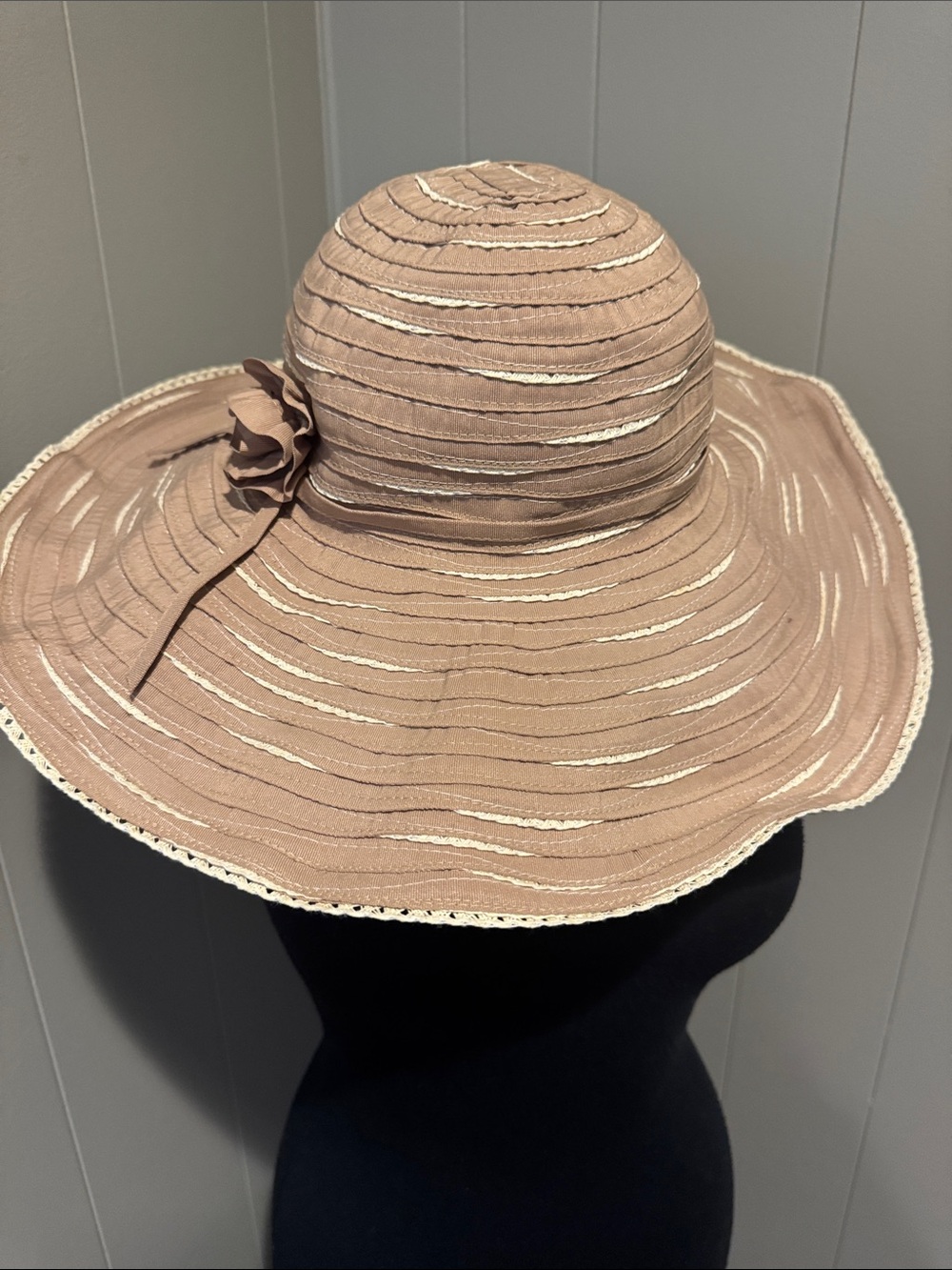 Sunday Afternoons Hat with Offset Spiral Sewn Ribbon & woven bands.